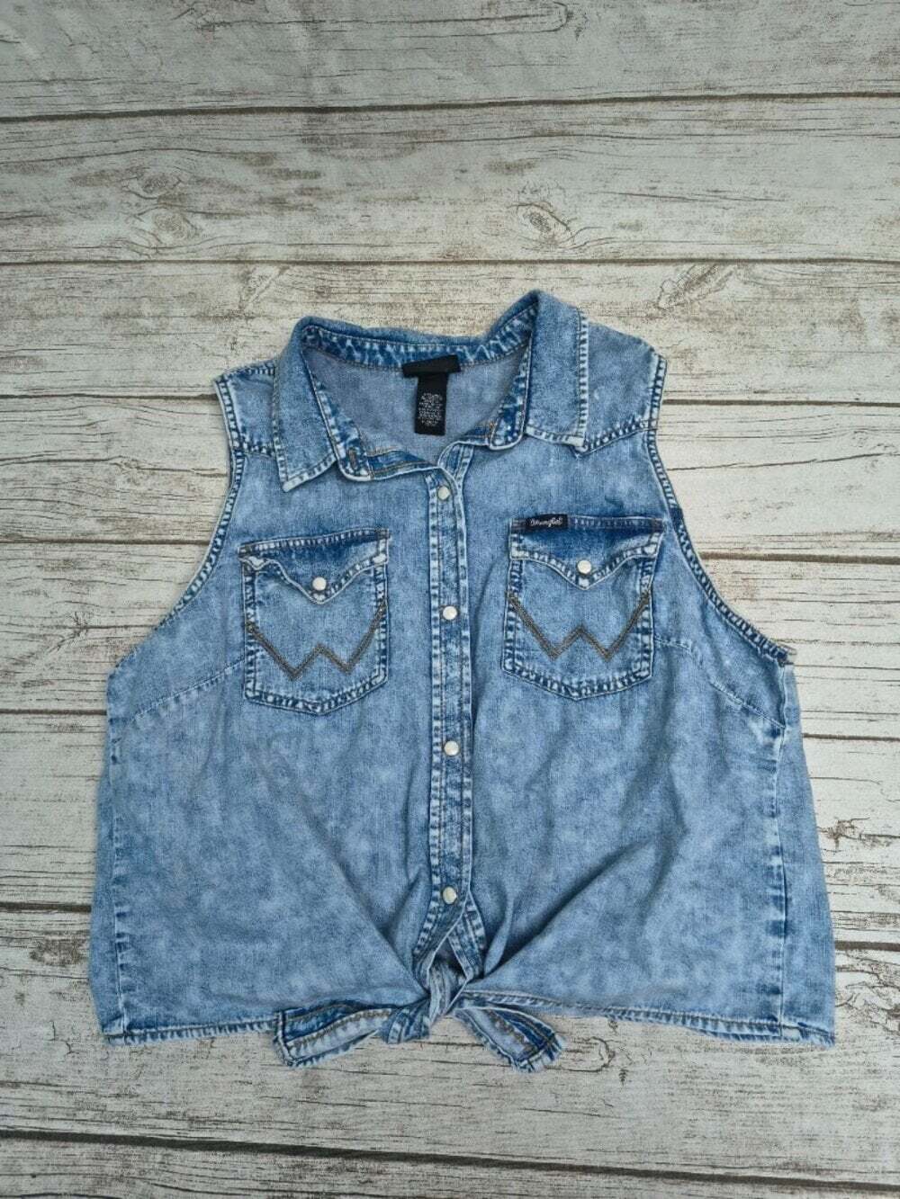 Wrangler Retro XL Acid Wash Denim Western Sleeveless Tie Front